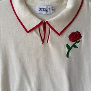 OXNIT Cream Knit Polo Medium Red Trim Rose Embroidered Short Sleeve